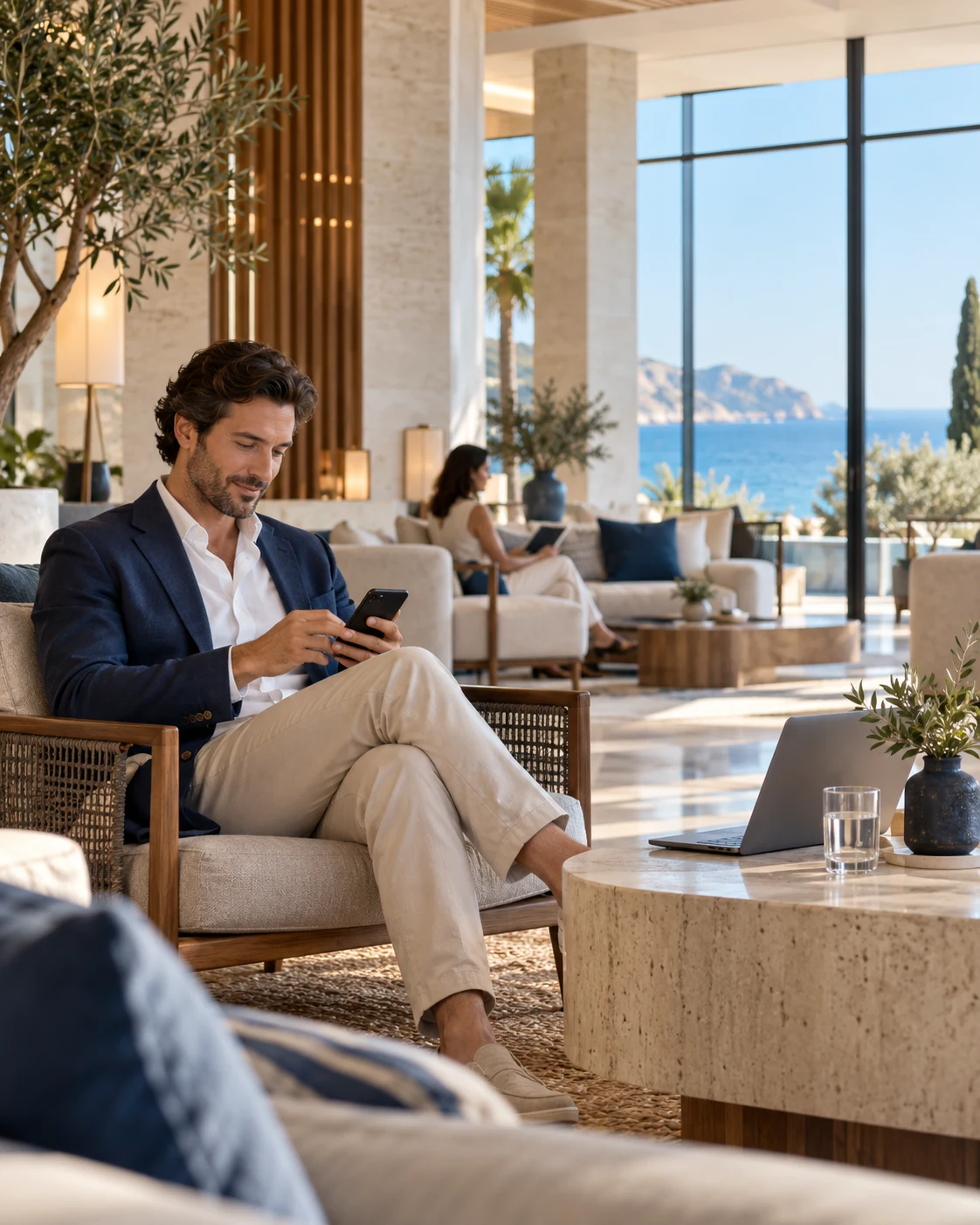 Deniz manzaralı çağdaş otel lobisi; temsili görsel